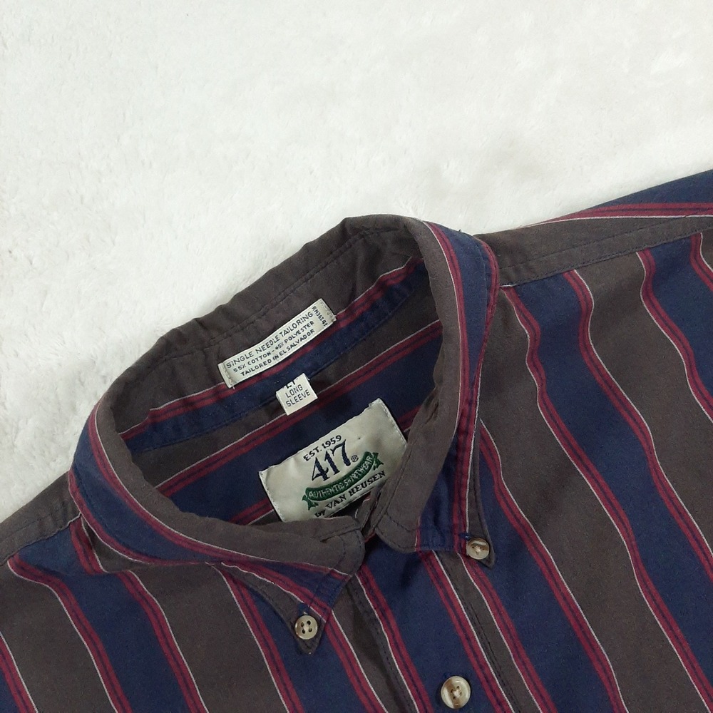Van Heusen 417 Mens Tall LT Long Sleeve Button Down Striped Shirt Blue Brown Red